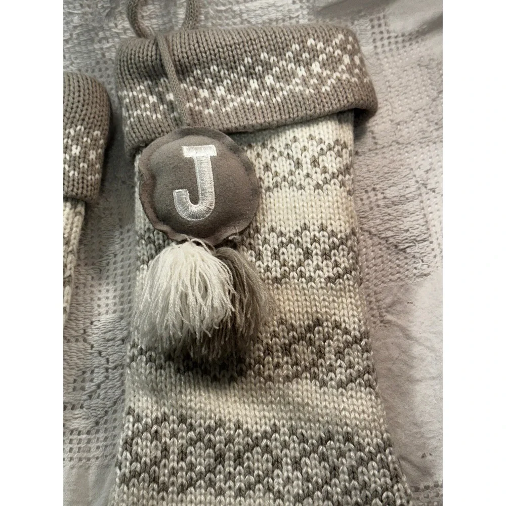 Wondershop Target Monogram J Knit Christmas Stocking Gray White Pom Pom